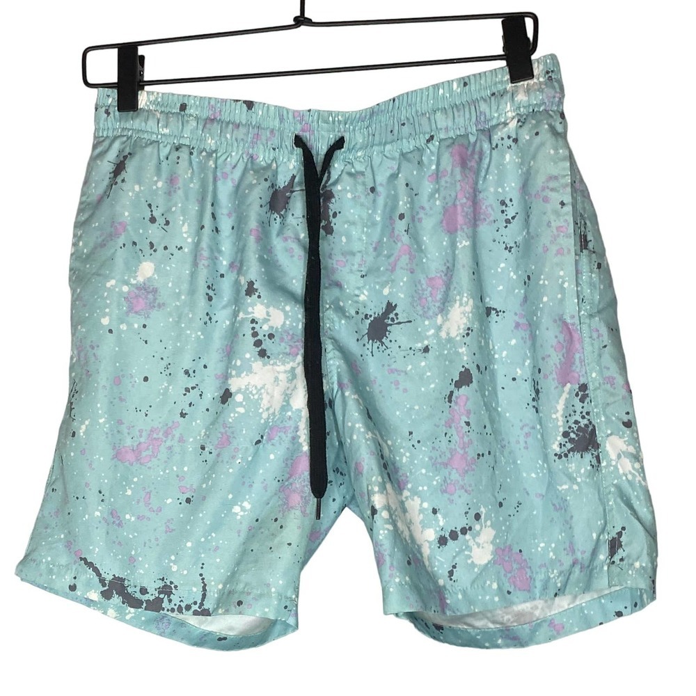 Carbon Mens SZ Small Swim Board Shorts Splatter Paint Green Black Mesh Pockets